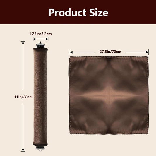Close up view of the premium brown satin material and secure attachment hooks on the NEW NOAM heatless hair curler