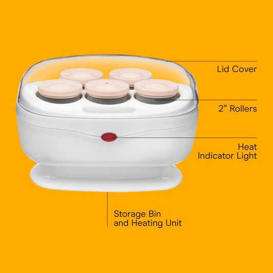 Five ceramic flocked heated hair rollers arranged inside the open portable base unit