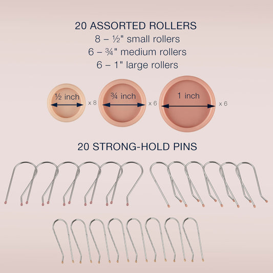Conair multi sized heated hair curlers with color coded stainless steel clips arranged neatly on a surface.
