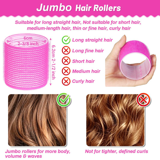 Twelve pieces of sixty millimeter big hair rollers with matching stainless steel duckbill clips