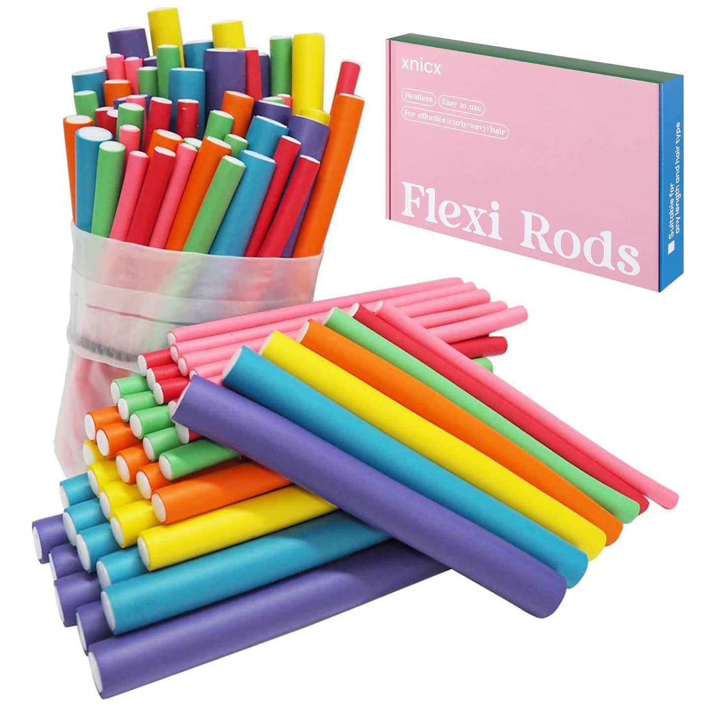 Full product assortment view of the authentic USA imported heatless flexi rods suitable for short medium and long hair types.