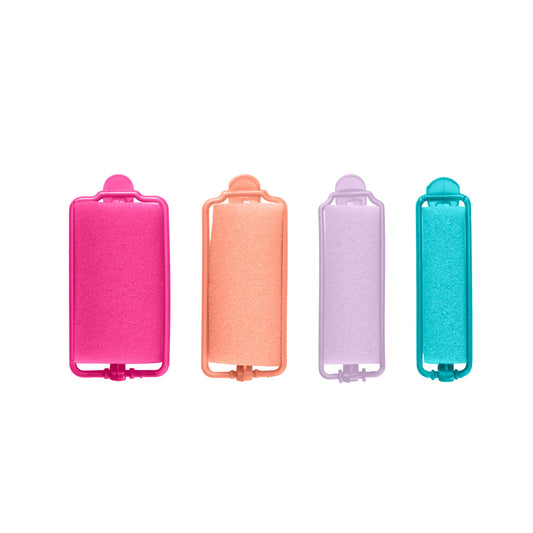 Close up of different multi size soft foam curlers showing the plastic snap closure mechanism.