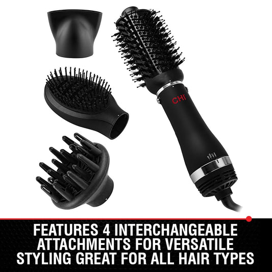 CHI professional hot air brush displayed with all four interchangeable attachments for versatile styling.