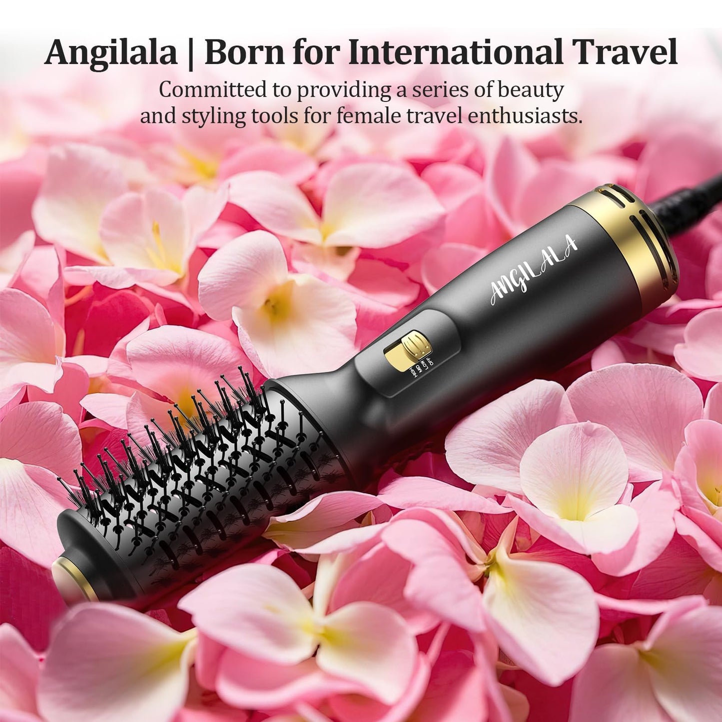 ANGILALA dual voltage hot air brush complete travel set including the product box and United Kingdom adapter plug.