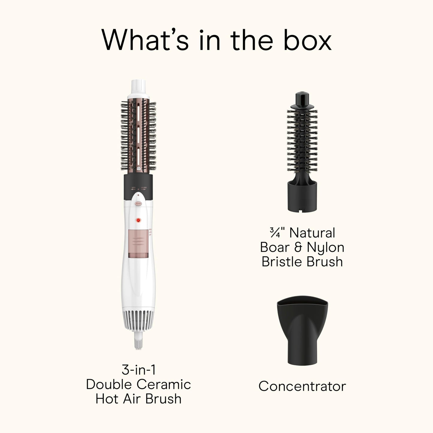 Complete packaging view of the imported Conair Double Ceramic Hot Air Brush Kit displaying all accessories.