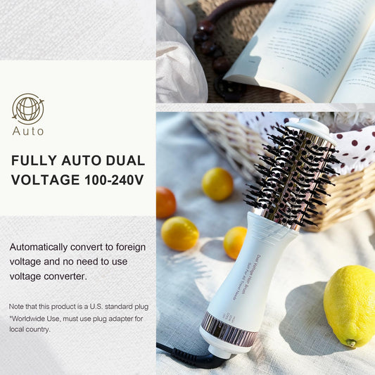 Olaermoso mini hot air brush shown with included European and United Kingdom plug adapters for international travel convenience.