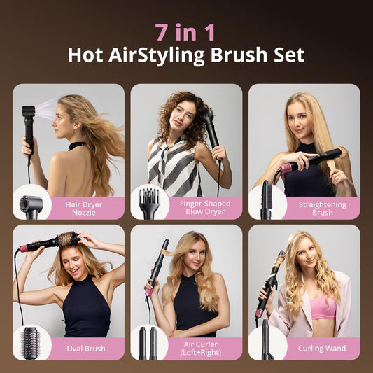 Seven interchangeable attachments arranged next to the pink blow dryer styling wand