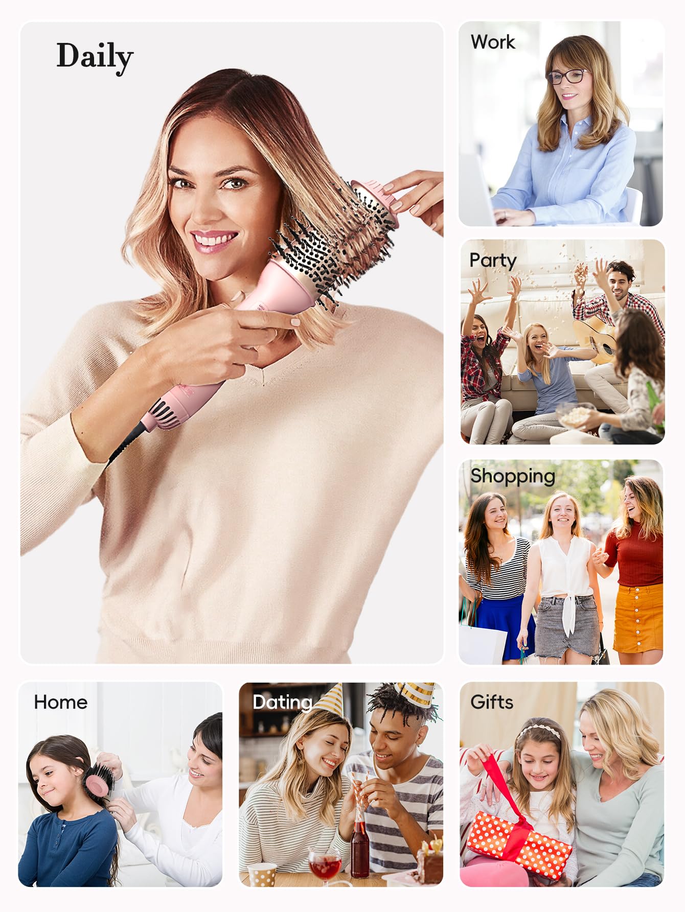 A lifestyle demonstration of the LANDOT hot air brush creating volume at the roots of hair