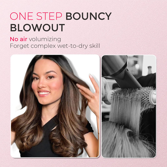 Close up shot of the 1.5 inch heated round curling brush head displaying the staggered bristle design for blowout volume.
