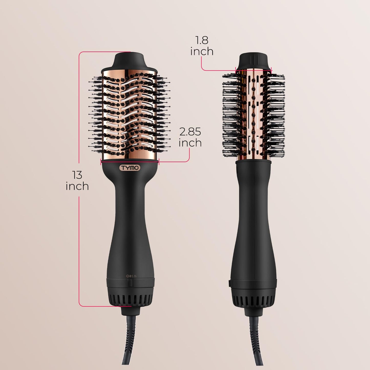 The ionic hair dryer brush being held to demonstrate its lightweight design and professional structure.
