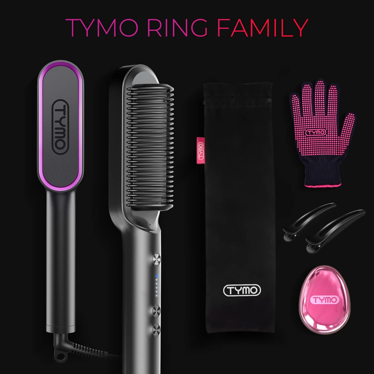 TYMO black straightening comb standing upright illustrating its compact design for travel.