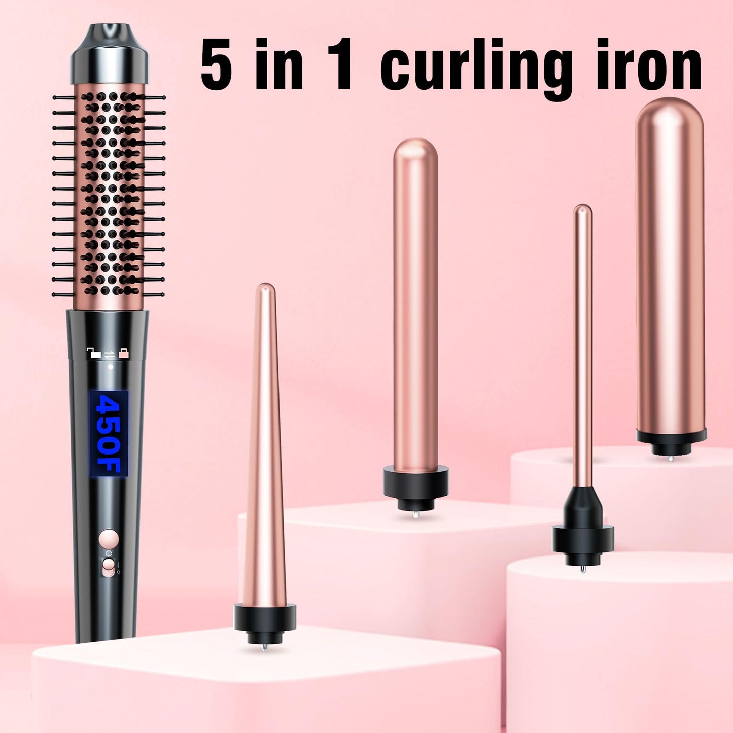 Side profile of the Bo'laiya rose gold curling iron handle showing the attachment locking mechanism.