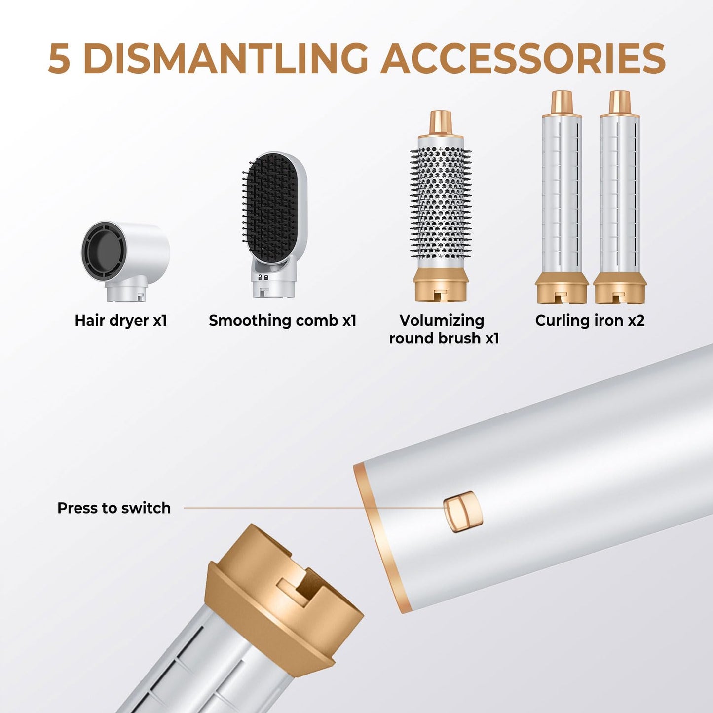 Authentic Yitrust USA imported five in one hair styling tool kit with all accessories arranged neatly.