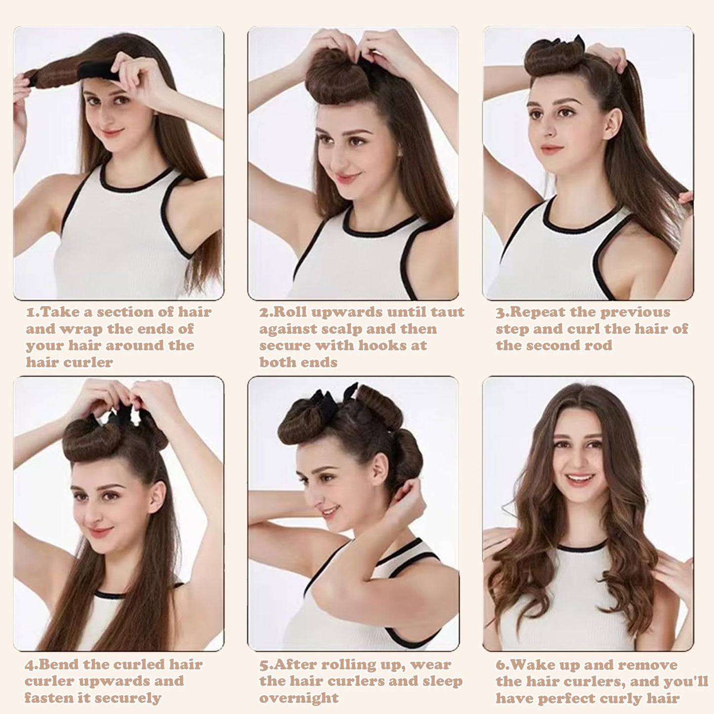 Packaging layout of the authentic Jejucy brown overnight rollers for hair styling