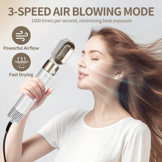 Nora Styler hot air brush hair dryer attachment being used to blow dry damp hair for volume.
