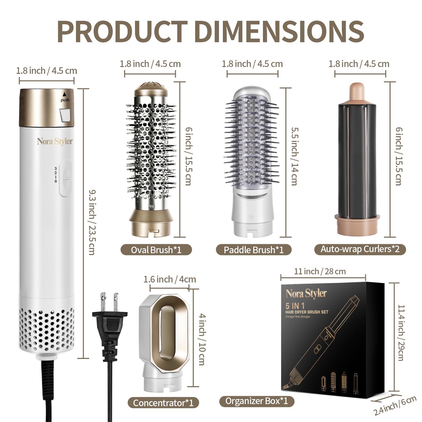 Complete Nora Styler 5-in-1 hair styling kit arranged neatly in its premium packaging box.