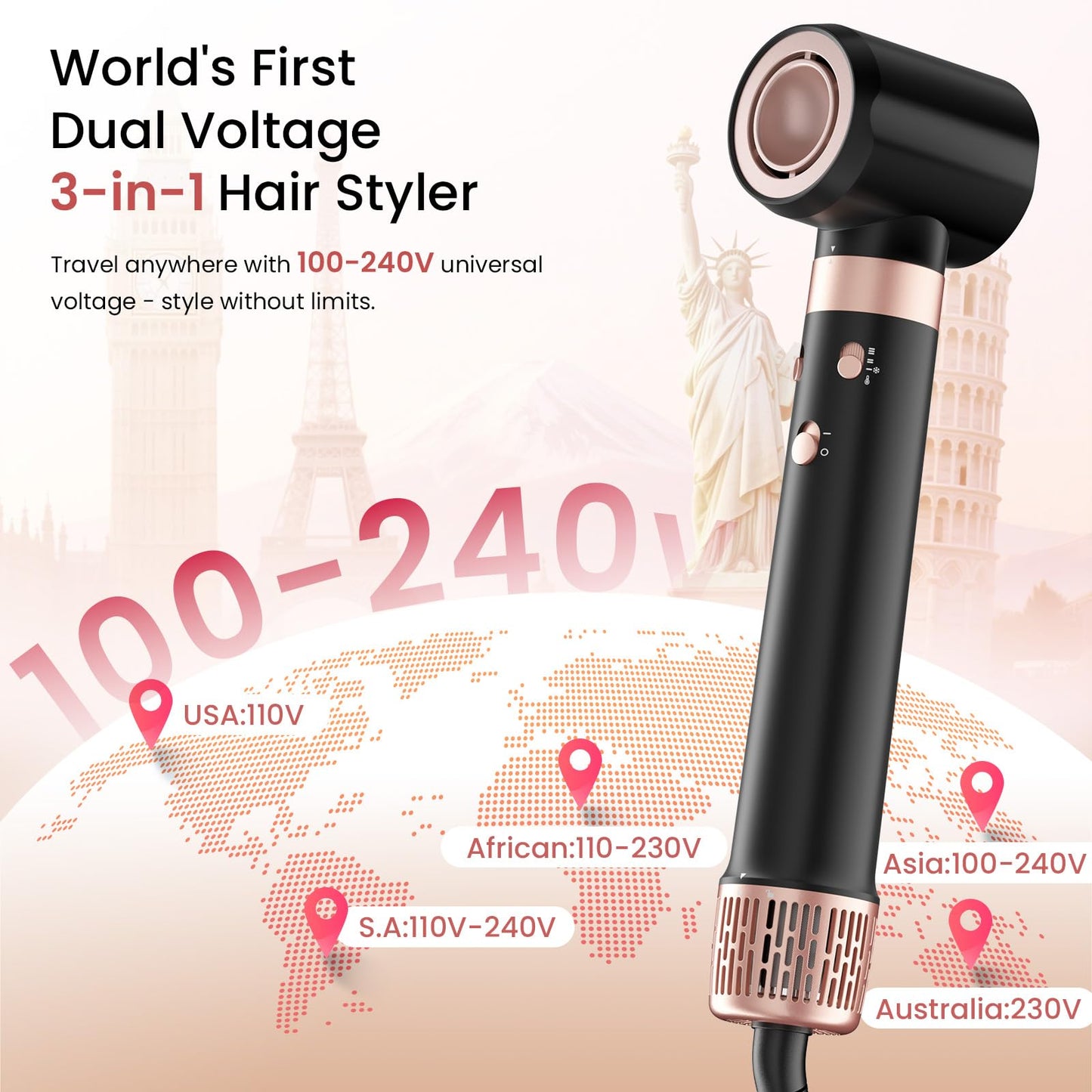 Side profile of the Mescomb high speed global voltage dryer head attached to the ergonomic styling wand base