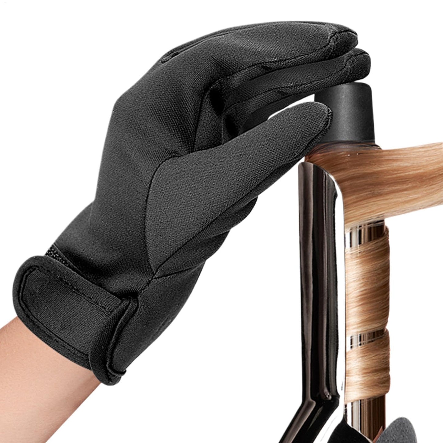 Premium salon quality heat resistant glove highlighting secure adjustable wrist fastening detail