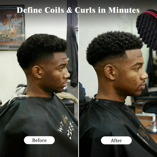 Close up of the red and black double sided curl sponge brush showing the large styling holes
