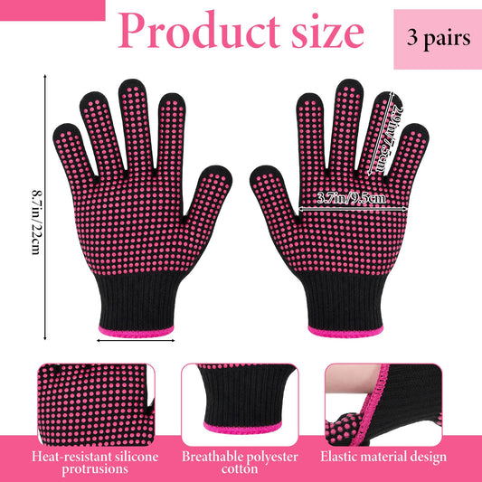 Three pairs of pink and black thermal hair styling gloves laid out
