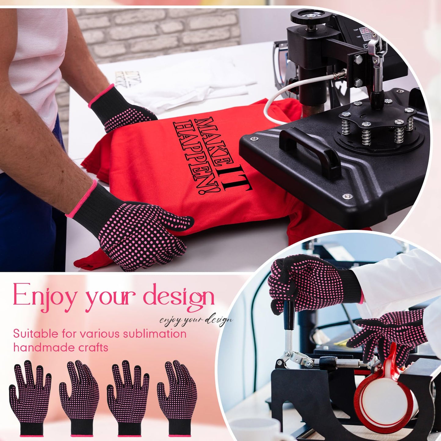 Packaging layout of the three pairs of pink silicone bump gloves for heat protection.