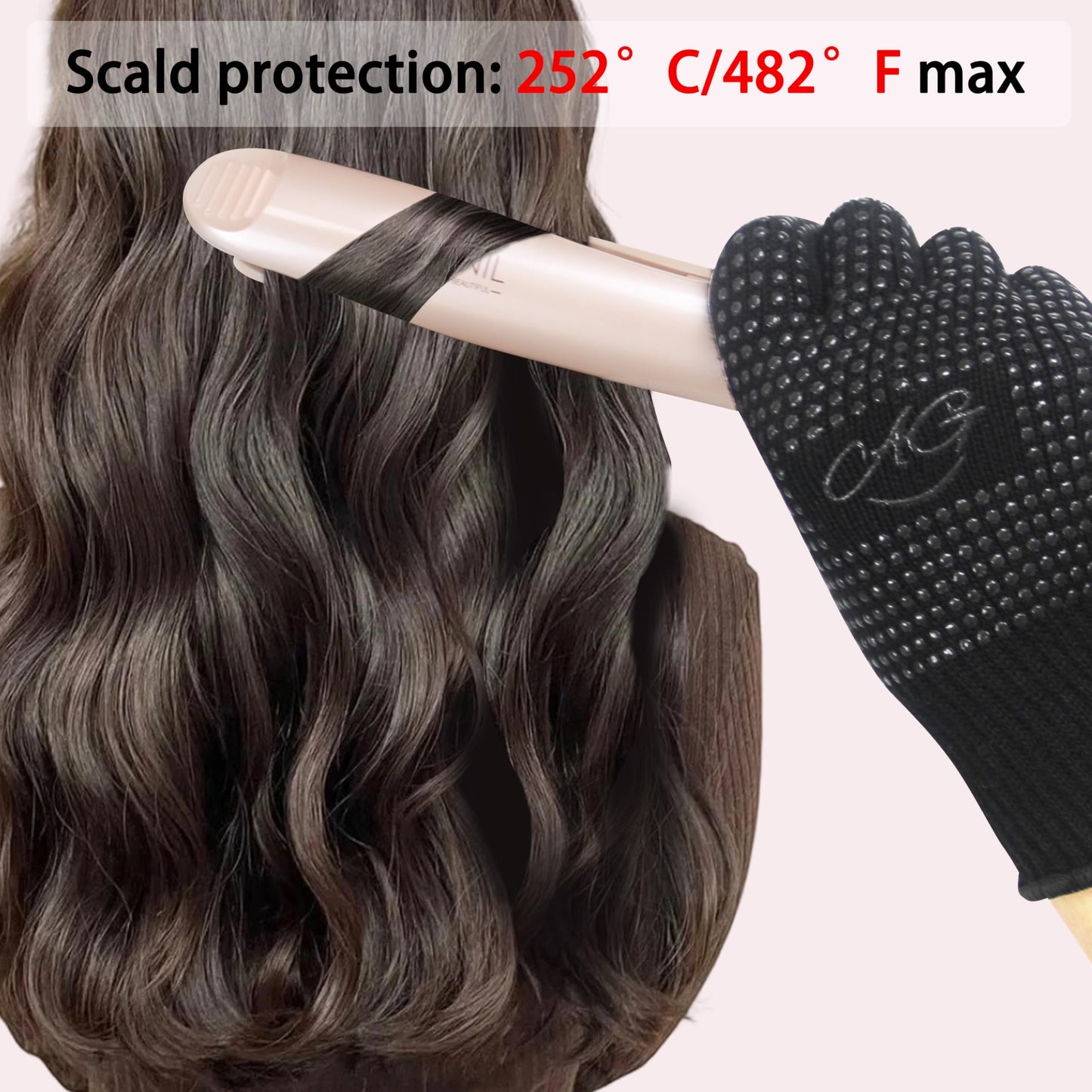 ANGENIL heat protection gloves placed next to a hair straightener showcasing salon safety use