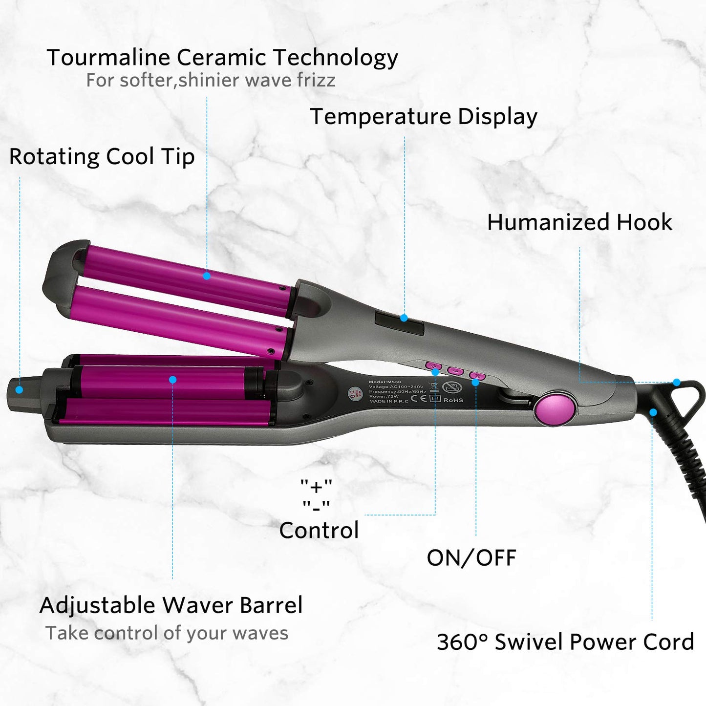 Detailed look at the tip and temperature control interface of the champagne hair crimper.