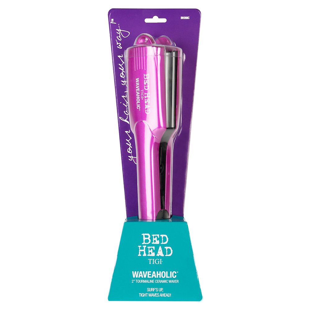Bed Head Waveaholic packaging box display highlighting the tourmaline ceramic technology benefits