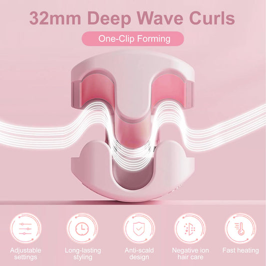 Close up view of the triple barrels and anti scald silicone tips of the pink deep wave hair curler