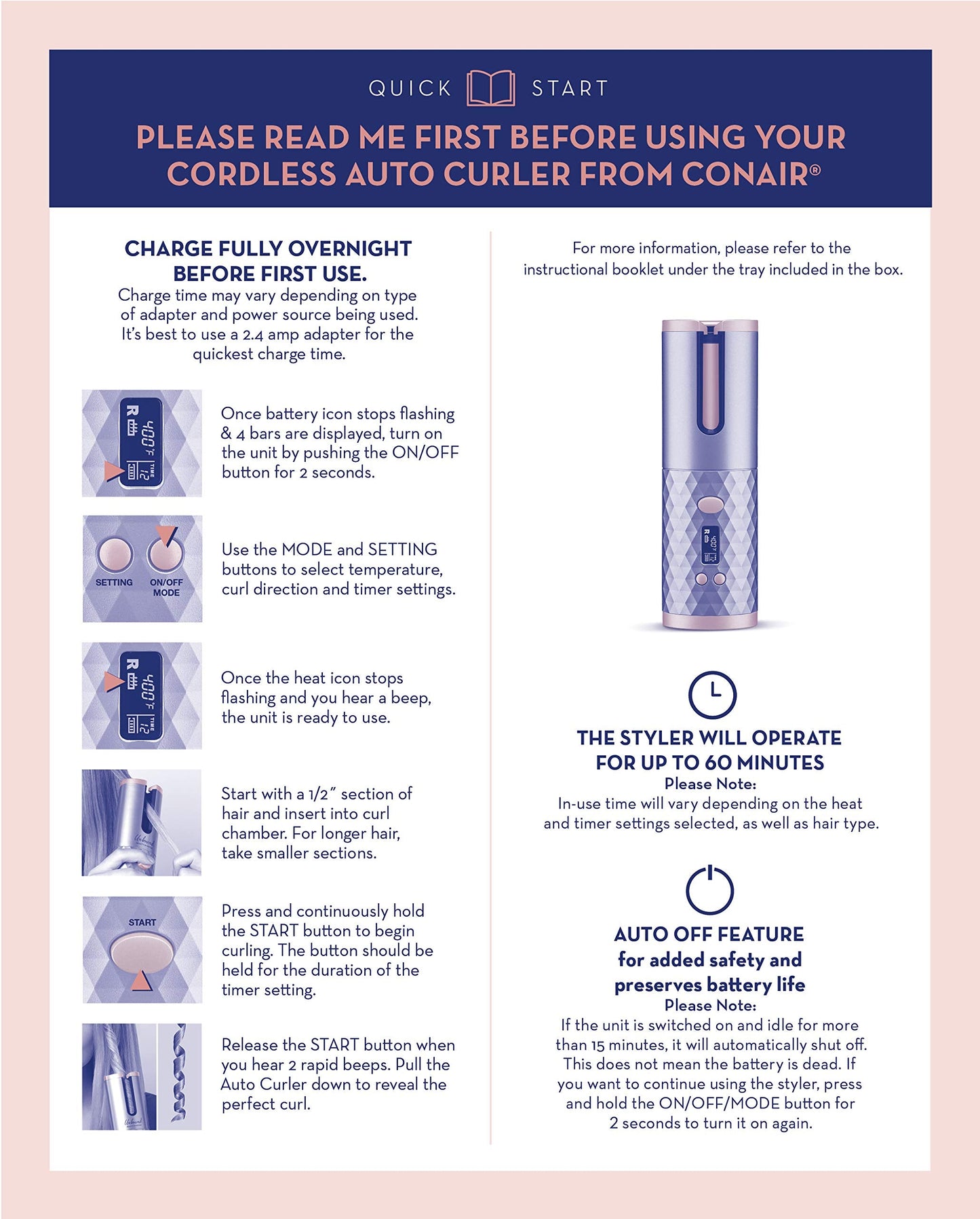 Premium authentic USA imported Conair cordless automatic hair styling device.