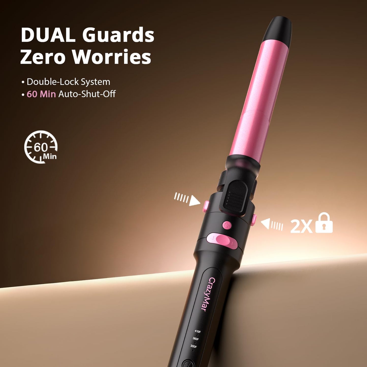 CrazyMar professional packaging showing the complete hot pink five barrel iron set