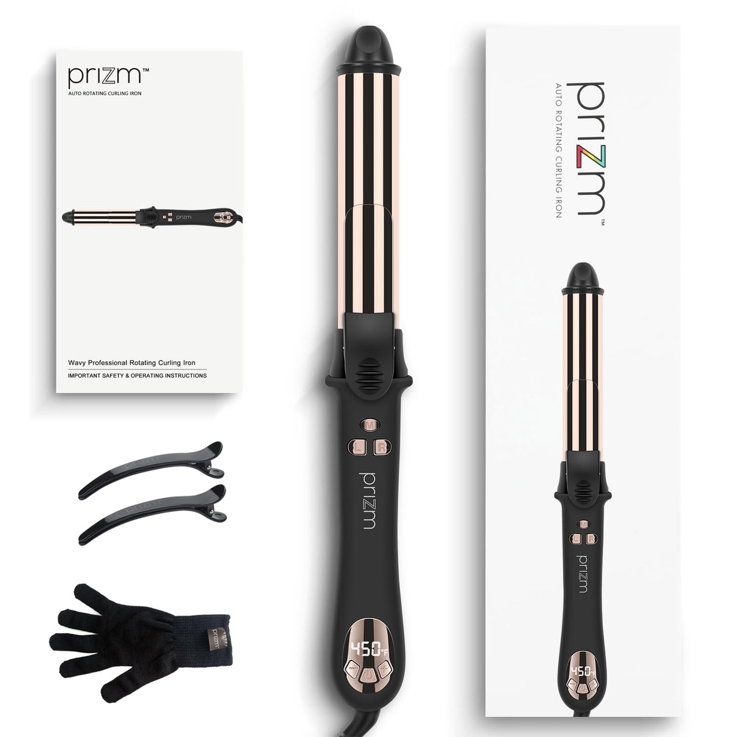 Full packaging view of the Prizm automatic hair curler with all safety warnings.