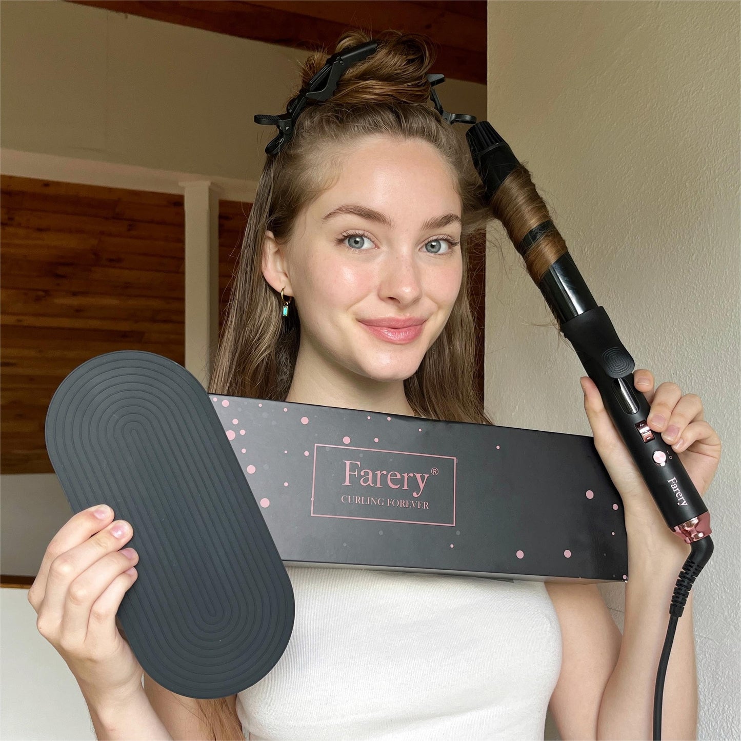 Farery ceramic curling iron packaged retail box view displaying dual voltage travel specifications