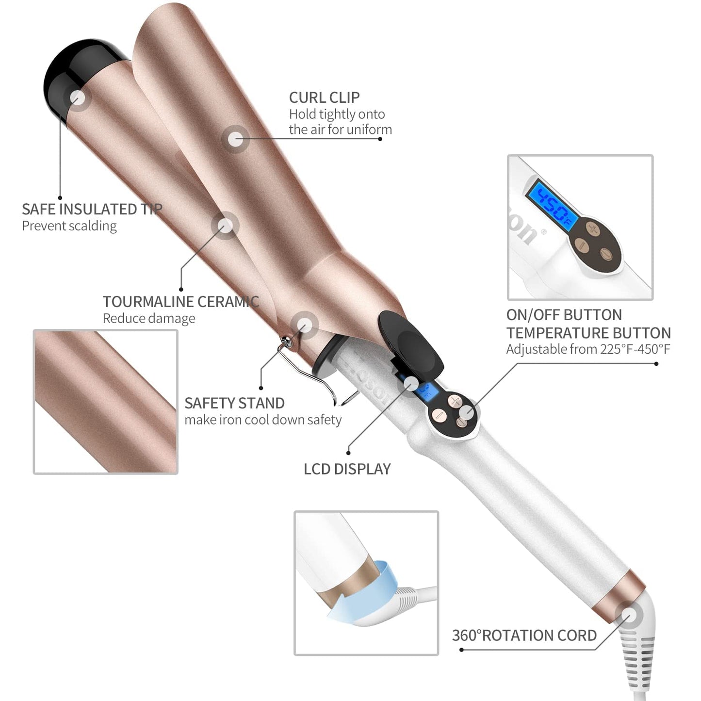 Hoson two inch wide hair curling iron barrel designed for long hair styling