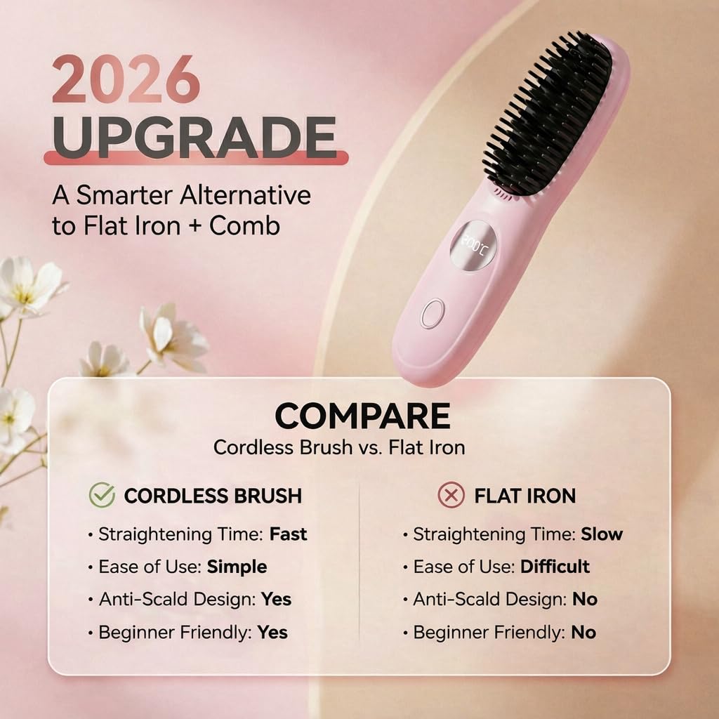 Travel-friendly wireless hair straightener brush in hand