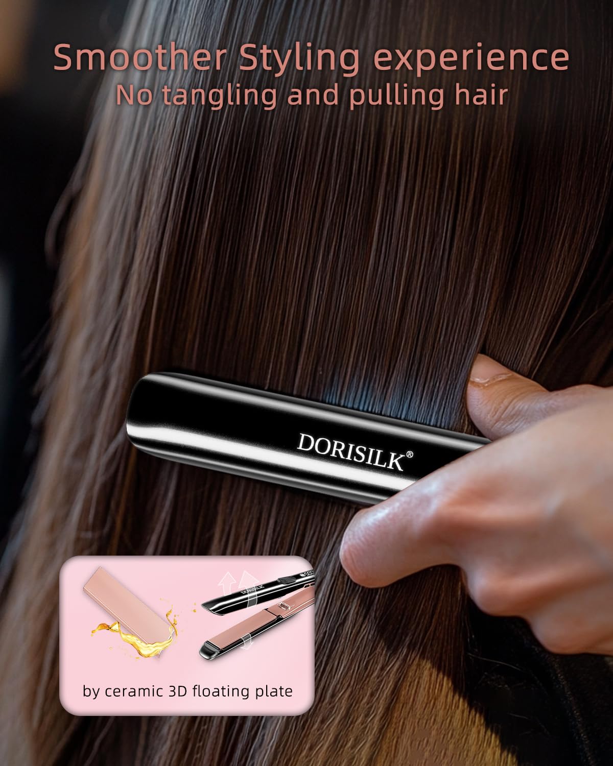 Model using Dorisilk 500 degree flat iron on hair