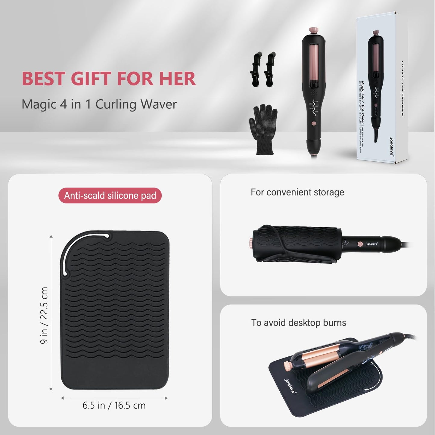 Janelove deep wave hair curler showcasing the 360 degree professional swivel power cable connection.