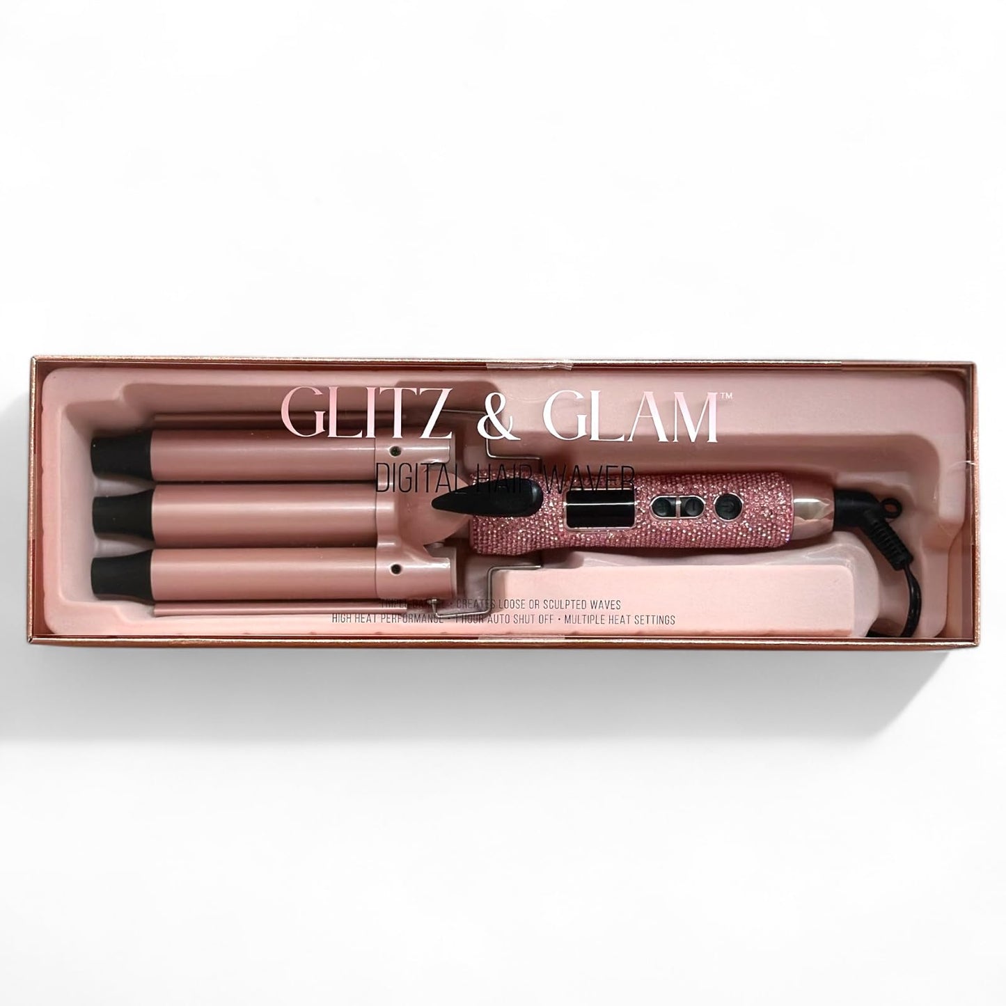 Glitz & Glam rose gold beach wave iron showing the three one inch barrels and safety stand