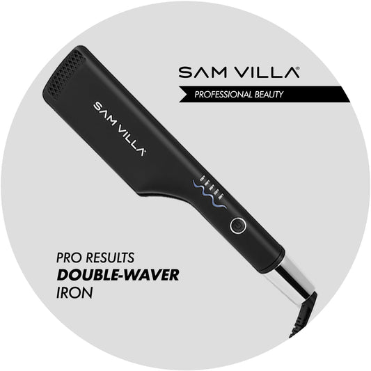 Sam Villa professional wave curling iron with variable temperature control buttons visible.