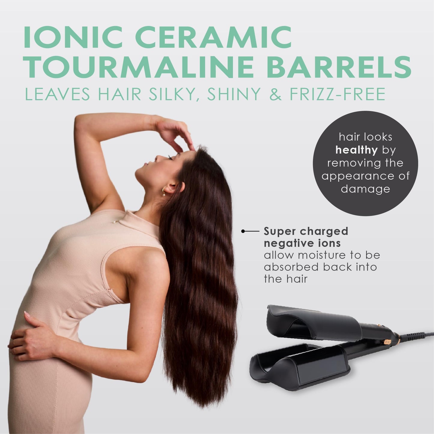 MINT long hair styling waver showing the complete iron layout.