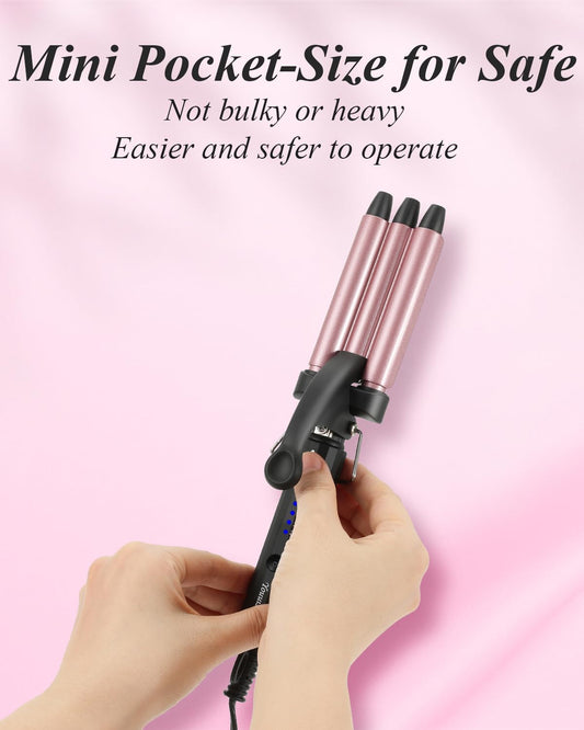 Close up of the one half inch small barrels on the compact hair waver tool.