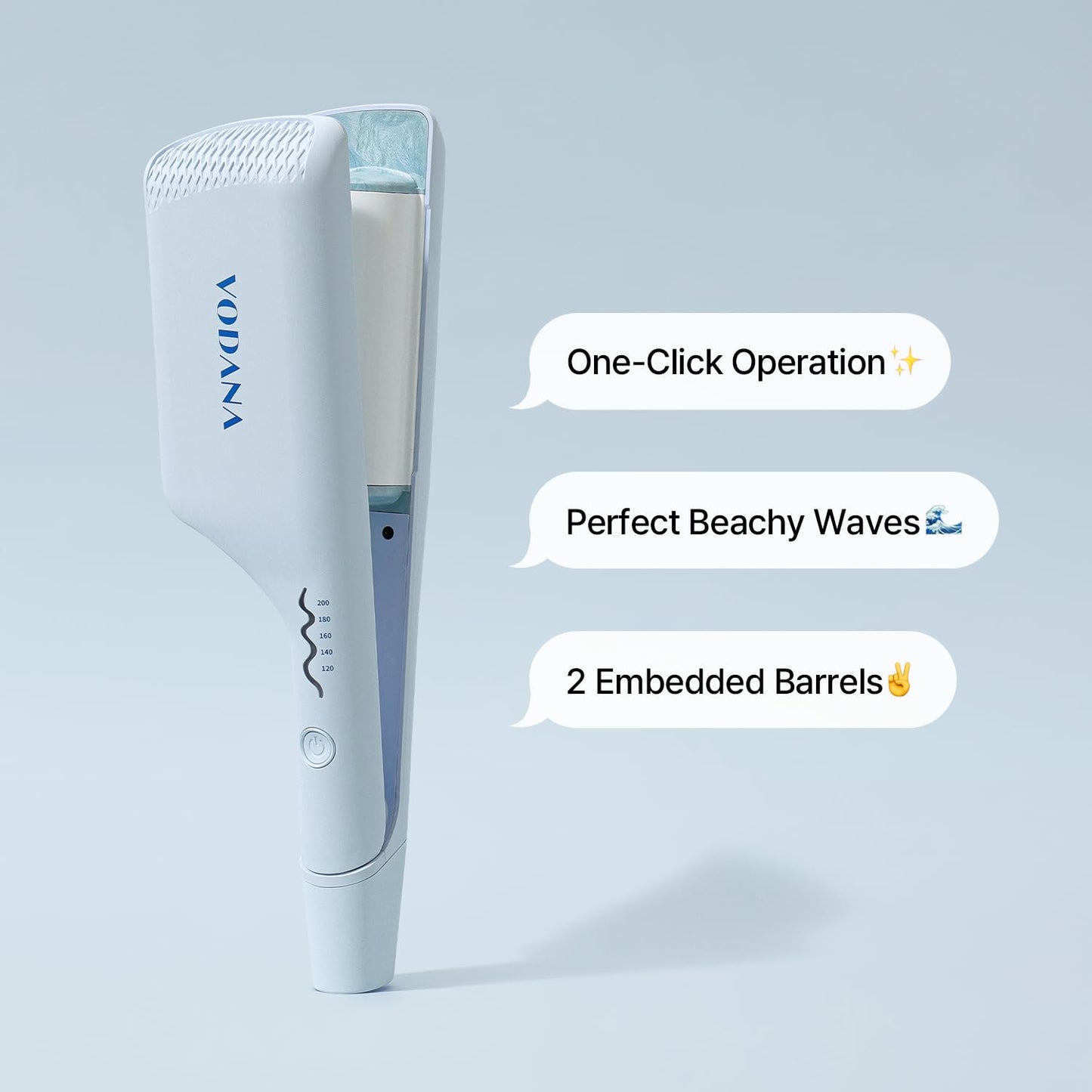 Vodana professional ceramic hair waver packaging side angle with specifications.