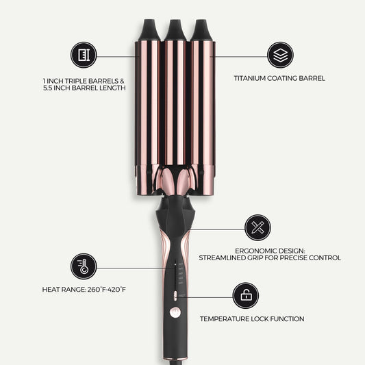 Close up view of the five temperature settings and power button on the Rozamor triple barrel hair waver