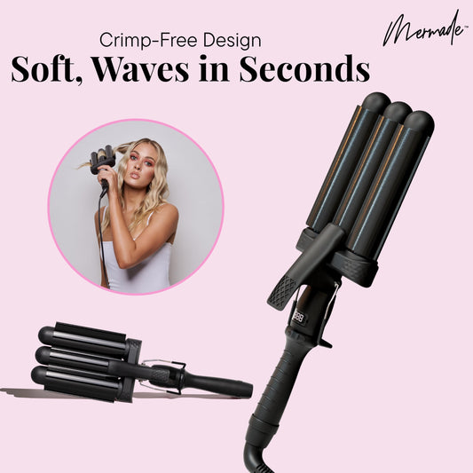 Mermade Hair triple barrel curling iron side profile highlighting the digital temperature display