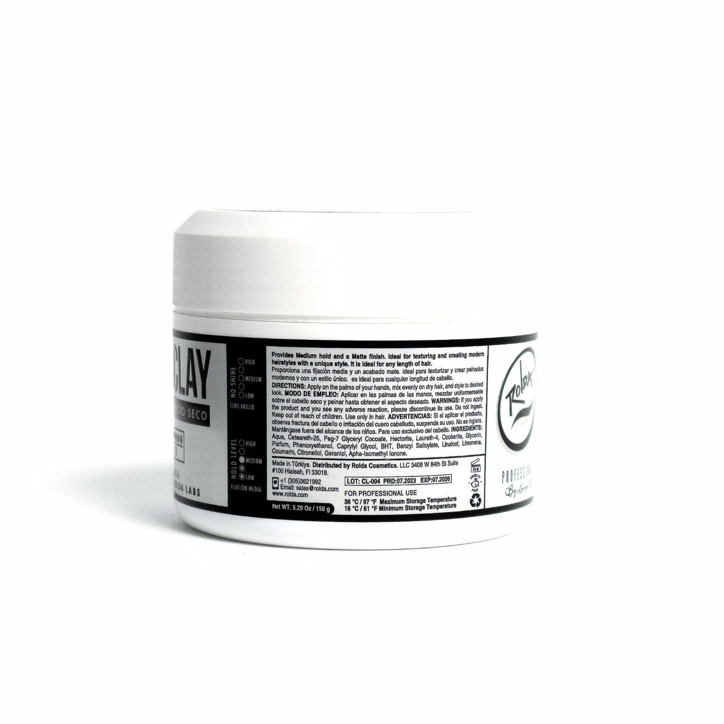 Close up view of the Rolda professional hair clay lid showcasing the official brand logo