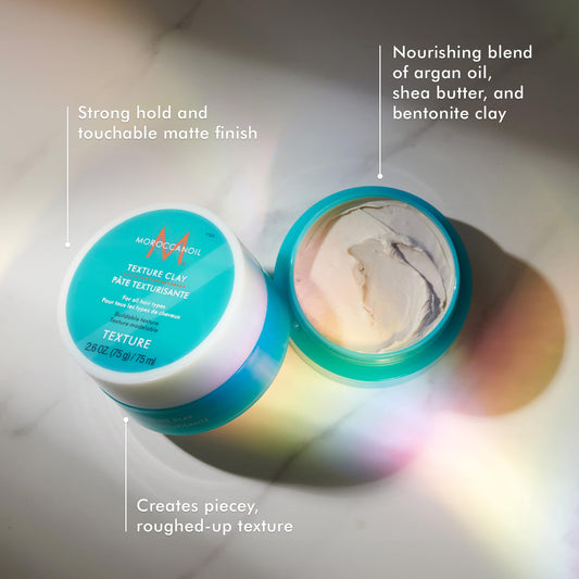 Moroccanoil Texture Clay side profile showing the 2.6 fluid ounces packaging text.