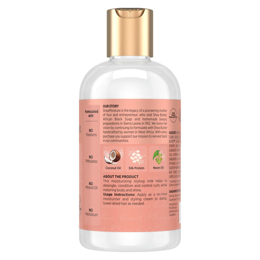Shea Moisture leave in styling milk cream bottle back label showing ingredients and directions