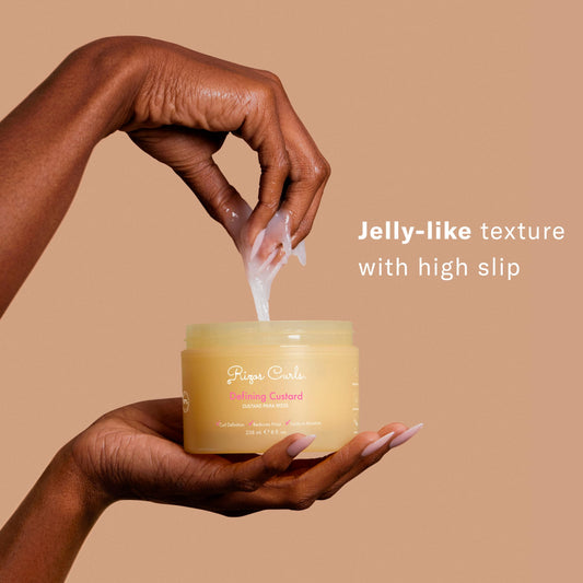 Rizos Curls cream and gel hybrid styling custard texture closeup showing lightweight translucent formula