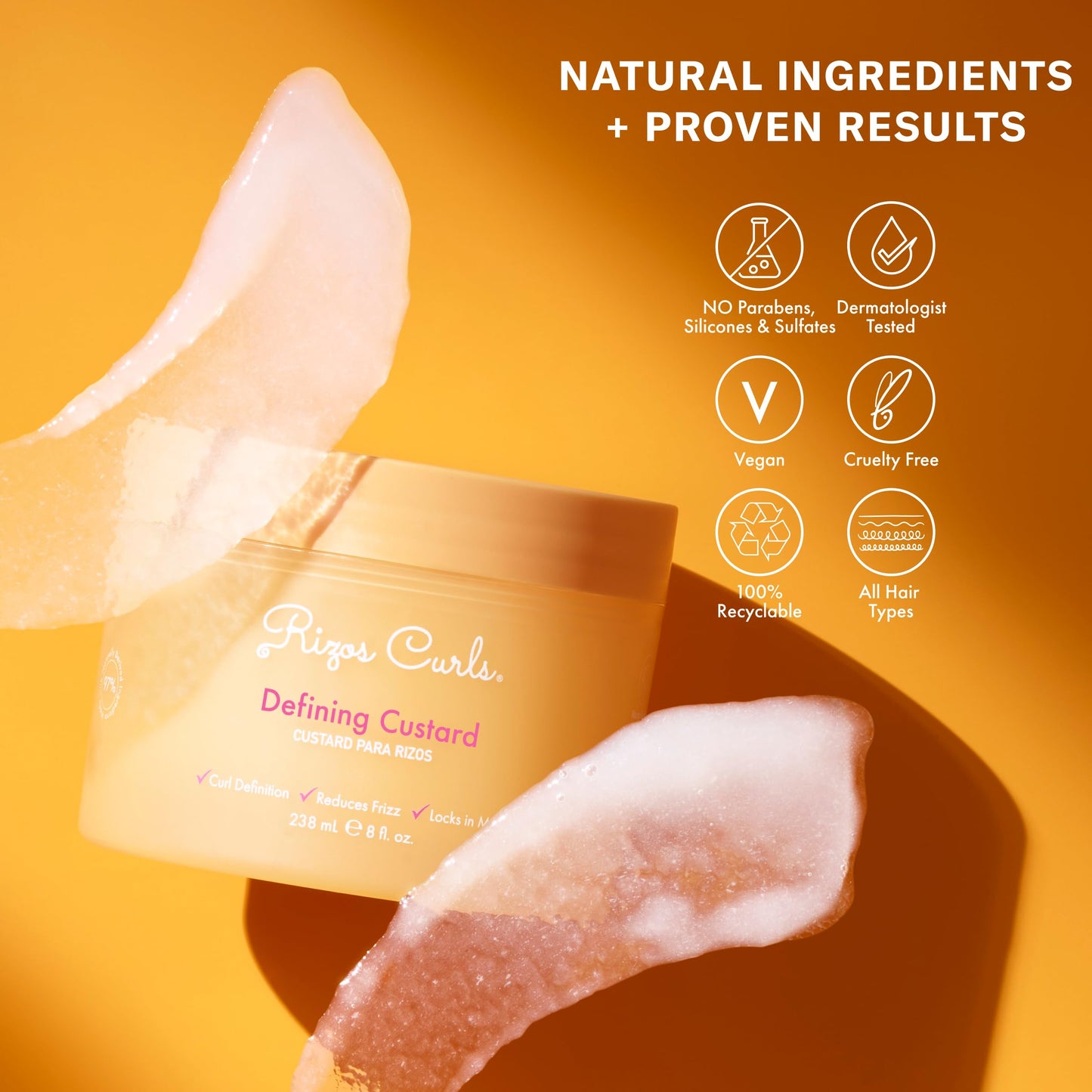 Rizos Curls high slip curl definer jar highlighting its award winning formula for moisture and frizz control