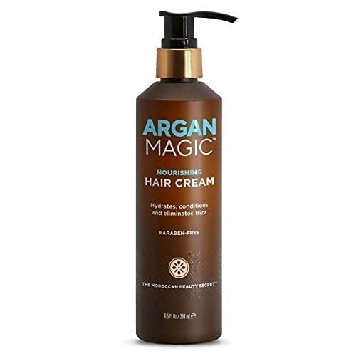 Back label of Argan Magic Nourishing Hair Cream showing usage instructions and ingredient details